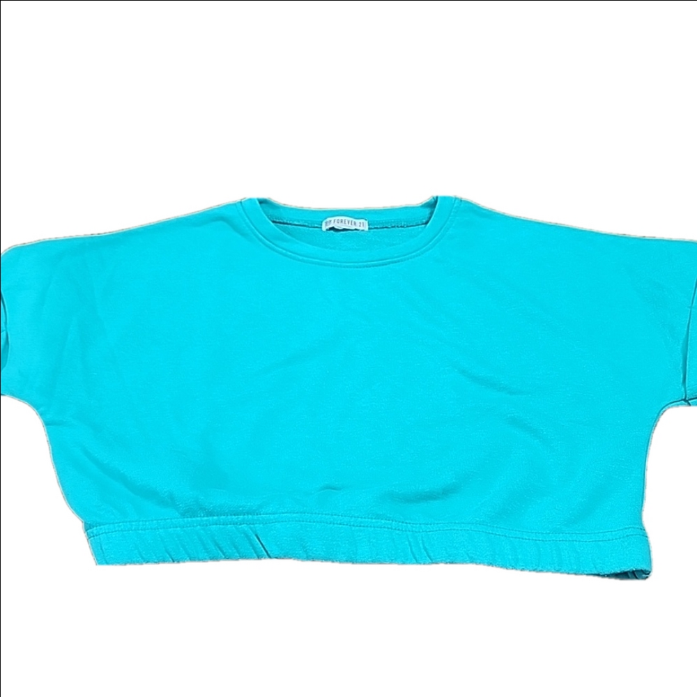 Forever 21 Turquoise Blue Short Rolled Sleeve Cropped Sweatshirt M/L EUC